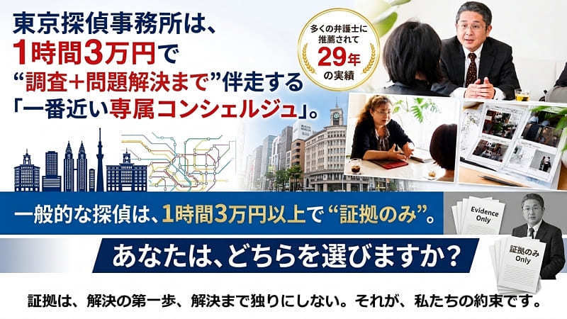 東京探偵事務所のバナー。1時間3万円で、証拠取得だけでなく問題解決まで伴走するコンシェルジュ。多くの弁護士に推薦された29年の実績がある。