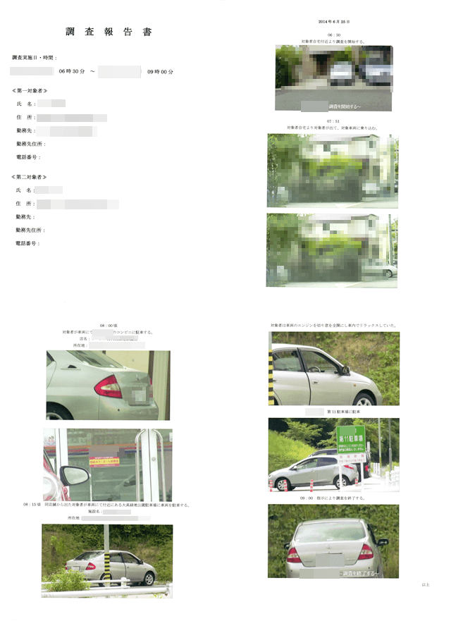 調査員1名1時間7,000円と宣伝している大手有名探偵の人物写真が無い浮気調査報告書