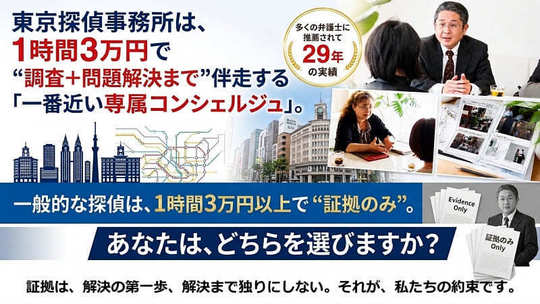 東京探偵事務所のバナー。1時間3万円で、証拠取得だけでなく問題解決まで伴走するコンシェルジュ。多くの弁護士に推薦された29年の実績がある。