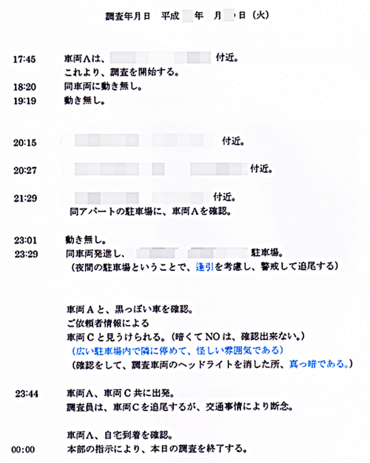日本一の調査技術と宣伝している文章のみの浮気調査報告書